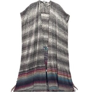 Ii two sisters Wool Striped Fringe Longline Cardigan Duster Sweater Women OS
